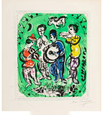 Lithographie Chagall - Musiciens sur fond vert