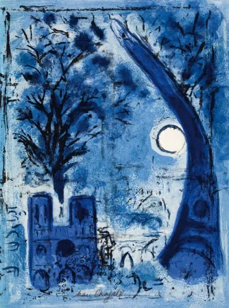 Lithographie Chagall - Notre Dame et la tour Eiffel
