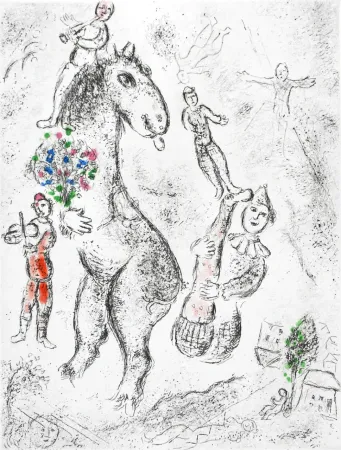 Radierung Und Aquatinta Chagall - Original etching «Horse, violinist and clown» from «Celui qui dit les choses sans rien dire» (1976)