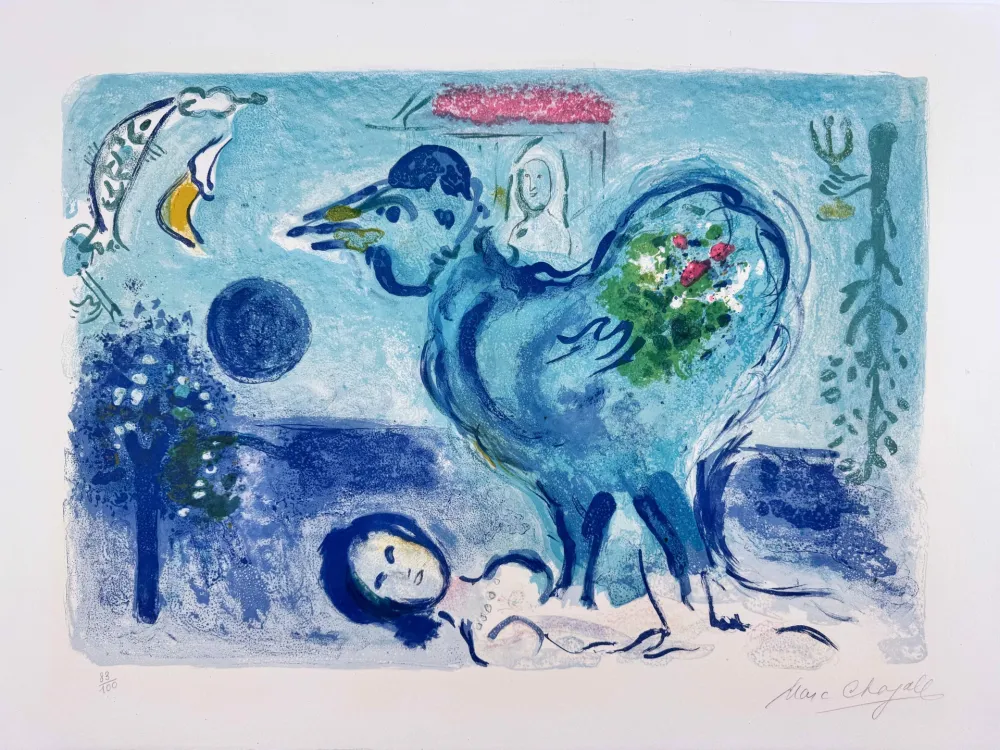 Lithographie Chagall -  Paysage au Coq 
