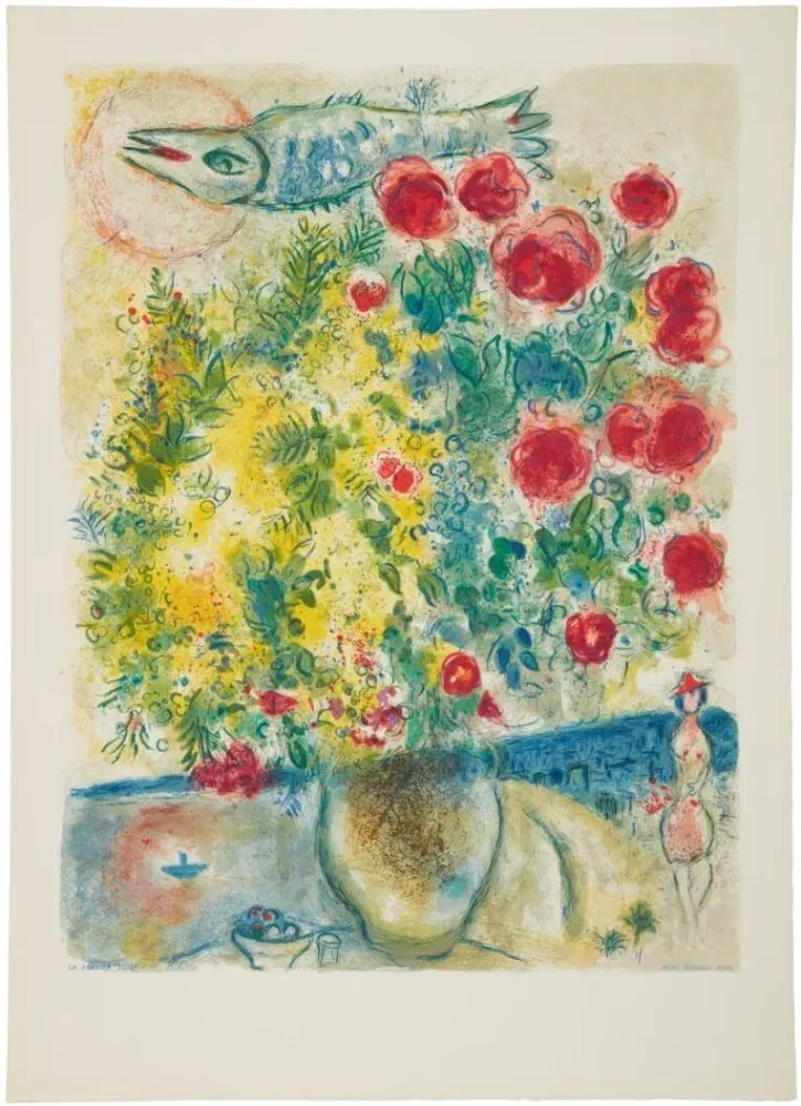 Lithographie Chagall - Roses et Mimosas (Roses and Mimosa)