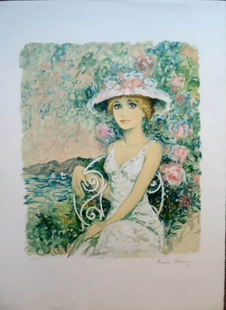 Lithographie Charoy - Femme au Jardin