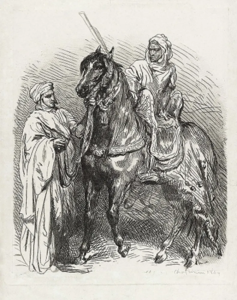 Stich Chassériau - Arabe montant en selle / Cavalier arabe partant pour la guerre