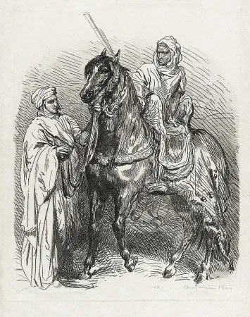 Stich Chassériau - Arabe montant en selle / Cavalier arabe partant pour la guerre