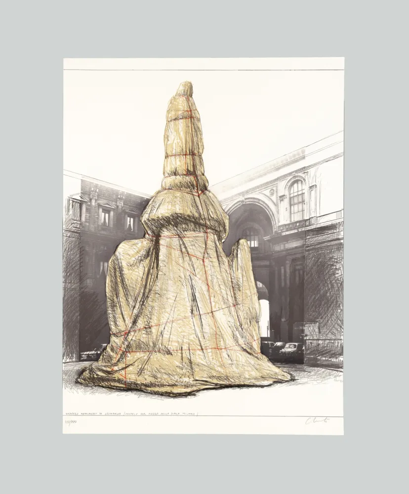 Lithographie Christo & Jeanne-Claude - Wrapped Monument to Leonardo, Project for Piazza della Scala, Milan