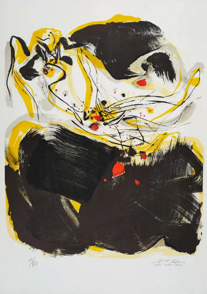 Lithographie Chu Teh Chun  - Composition en jaune, noir et rouge