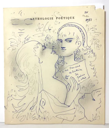 Keine Technische Cocteau - Dessin au stylo bleu et mine de plomb,