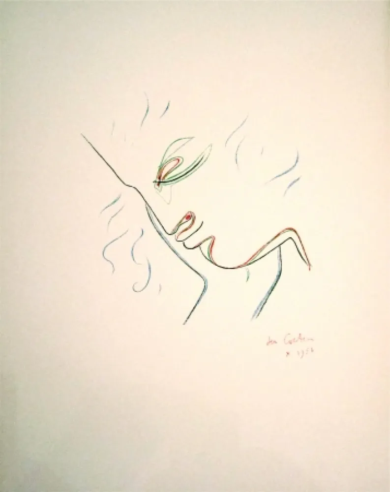 Lithographie Cocteau - Profil de garcon en couleur