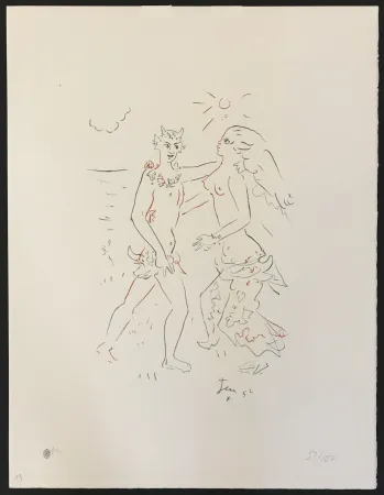 Lithographie Cocteau - Satyr and Nymph