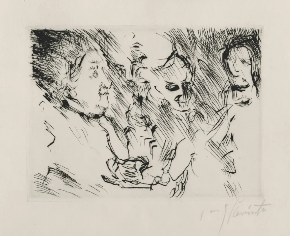 Kaltnadelradierung Corinth - Drei Personen am Tisch