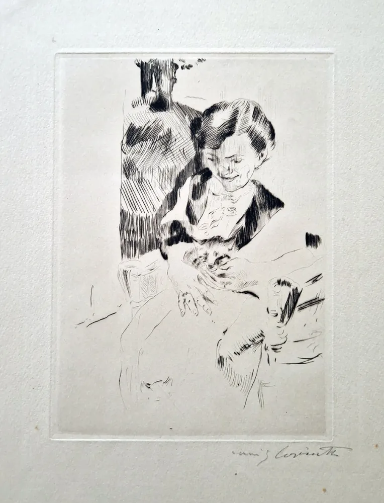 Radierung Corinth - Frau mit Katzen