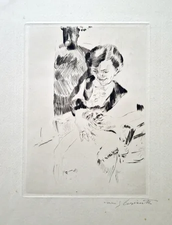 Radierung Corinth - Frau mit Katzen