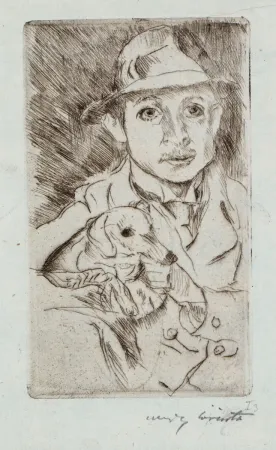 Radierung Corinth - Knabe mit Hund