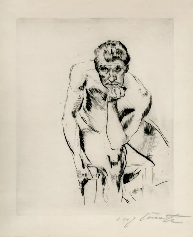 Kaltnadelradierung Corinth - Sitzender männlicher Akt, nachdenkend. 