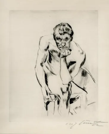 Kaltnadelradierung Corinth - Sitzender männlicher Akt, nachdenkend. 
