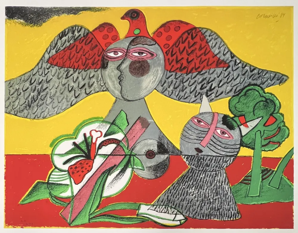 Digitale Druckgrafik Corneille - Chat, Fleur et Oiseau, 1984, Tirage à 45 ex.