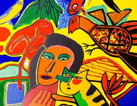 Lithographie Corneille - Corneille (1922–2010) – Vrouw, vogels en kat – Color lithograph on paper – 1996