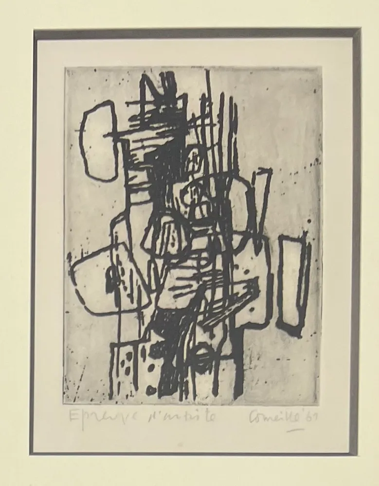 Radierung Corneille - Eau-forte encadrée Abstraction 1961 Epreuve d'artiste
