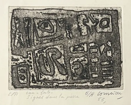 Radierung Corneille - Eau-forte encadrée en couleurs Signes dans la pierre, 1953. Epreuve d'artiste EA