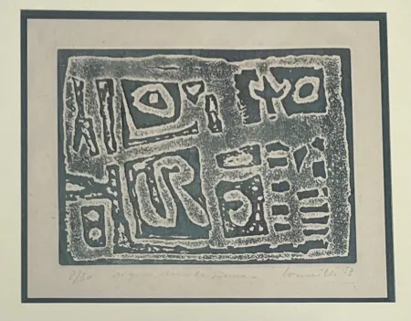 Radierung Corneille - Eau-forte encadrée en couleurs Signes dans la pierre, 1953. Numéro 15/30