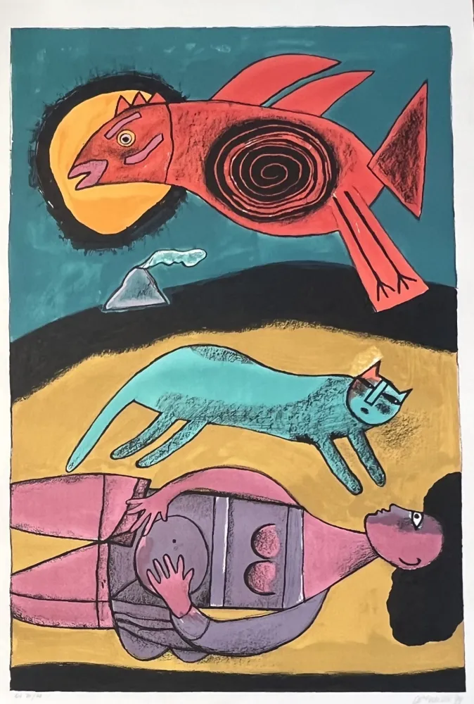 Lithographie Corneille - Grande lithographie encadrée Grand Oiseau du désert 1999