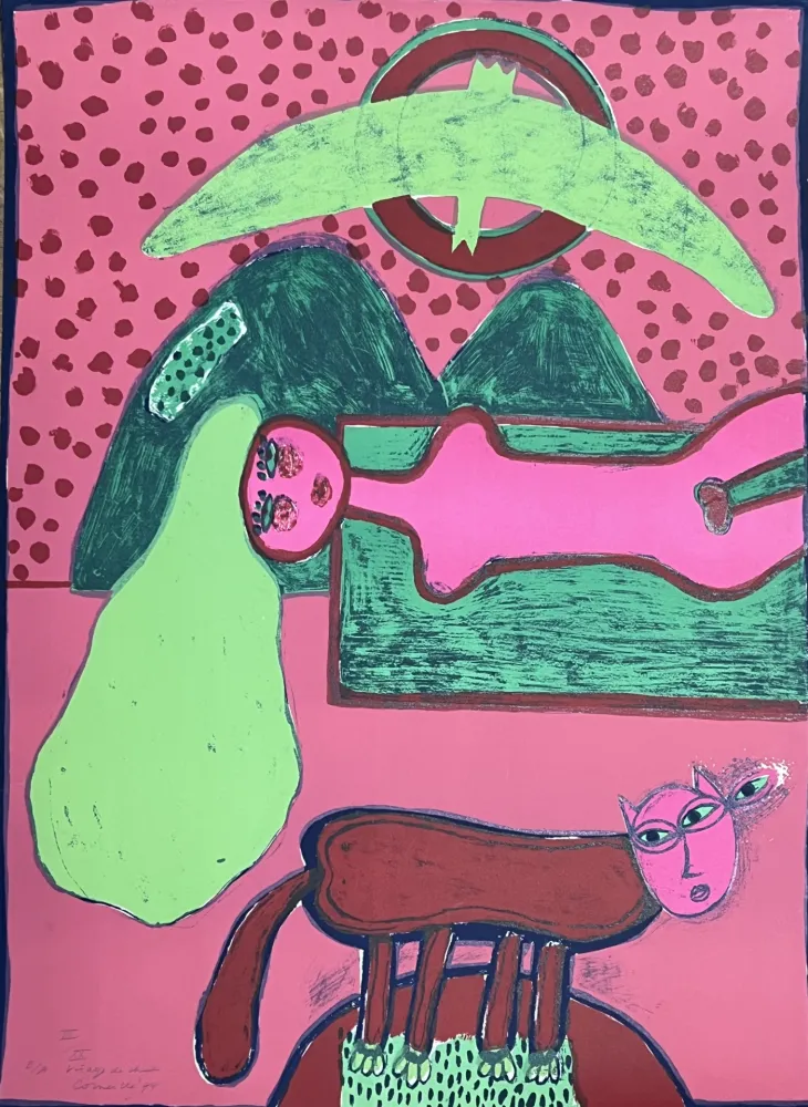 Lithographie Corneille - Grande lithographie Le visage de chat 1974 E/A