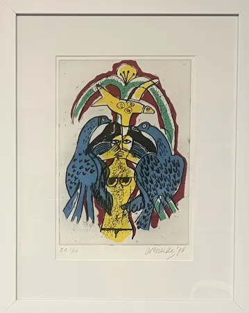 Stich Corneille - Gravure encadrée, Femme et oiseaux, EA 1/10, 1998