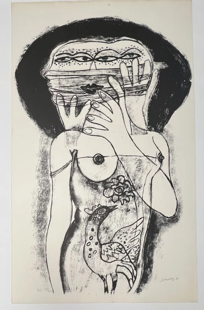 Keine Technische Corneille -  Lithographie ancienne La femme aux trois viages, 1980