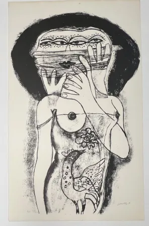 Keine Technische Corneille -  Lithographie ancienne La femme aux trois viages, 1980