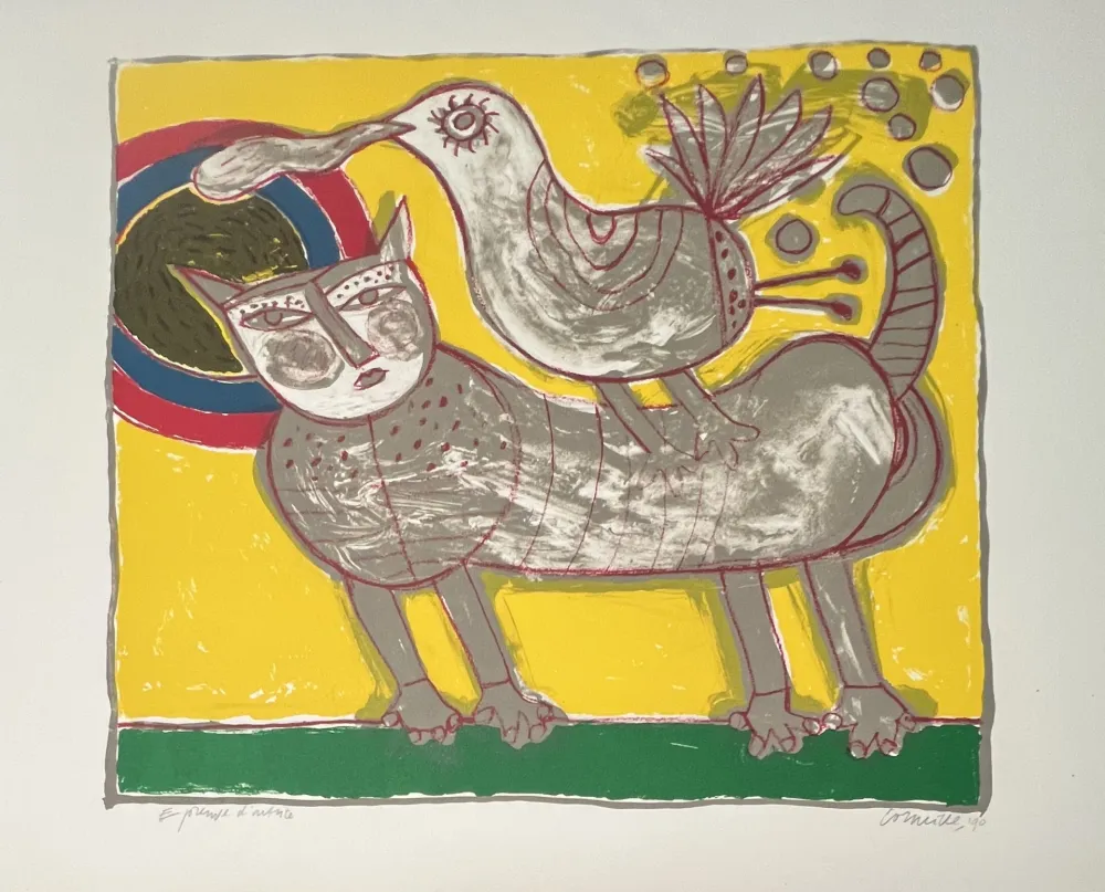 Lithographie Corneille -  Lithographie Chat et oiseau - Au coeur de l'été - 1990