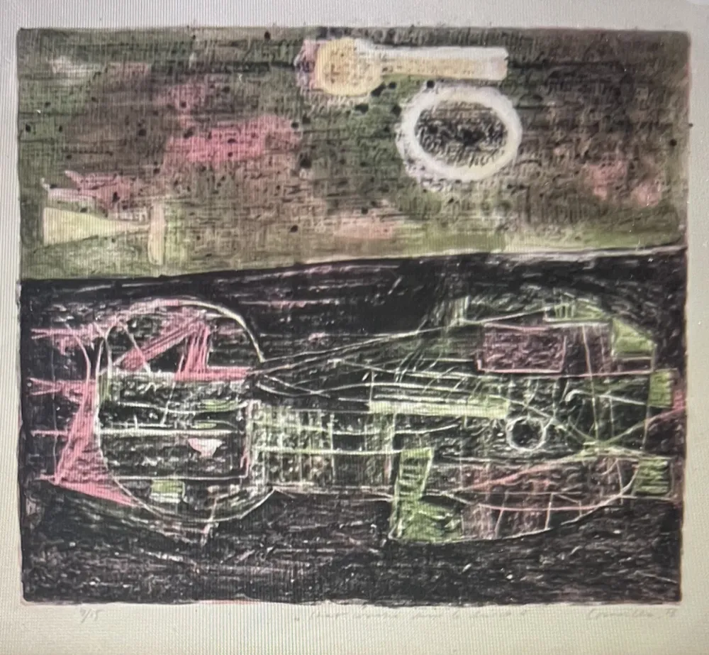 Lithographie Corneille -  Lithographie encadrée Chat couché dans le désert 1953