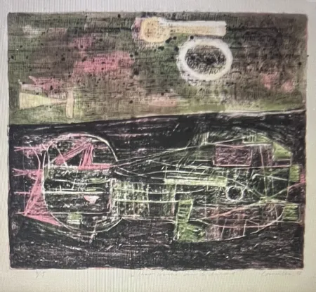 Lithographie Corneille -  Lithographie encadrée Chat couché dans le désert 1953