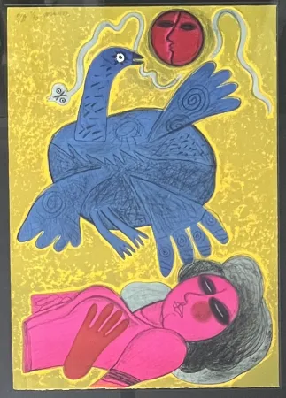 Lithographie Corneille - Lithographie encadrée L'oiseau Cobra 1988