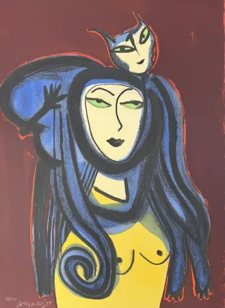 Lithographie Corneille - Lithographie Femme au chat 1998