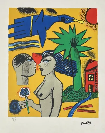 Lithographie Corneille - Lithographie Femmes et oiseau, 1998