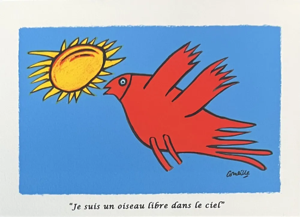 Lithographie Corneille - Lithographie Je suis un oiseau libre dans le ciel 