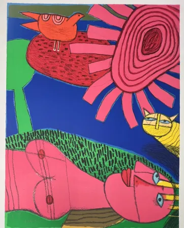 Lithographie Corneille - Lithographie Le chat jaune 2002