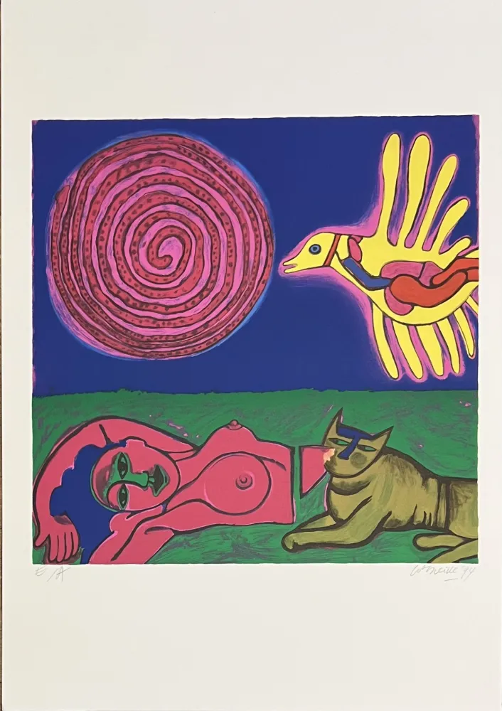 Siebdruck Corneille - Sérigraphie Femme, Chat et oiseau, 1994