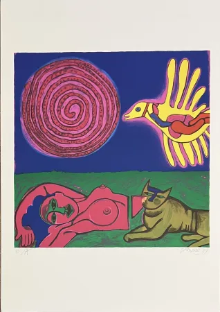 Siebdruck Corneille - Sérigraphie Femme, Chat et oiseau, 1994