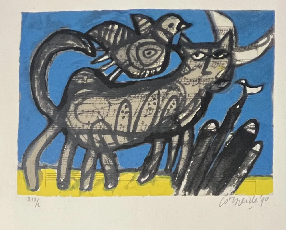 Siebdruck Corneille - Sérigraphie signée, Chat sur partition de musique , 1990