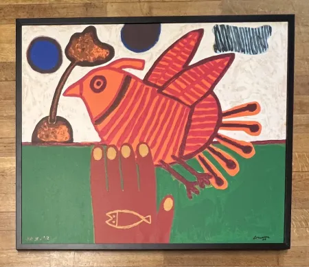 Siebdruck Corneille - Sérigraphie sur toile signée Oiseau Libre Cobra - Encadrée