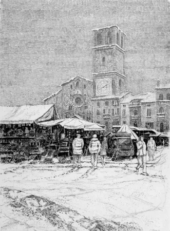 Radierung Cotugno  - Bancarelle al mercato a Lodi