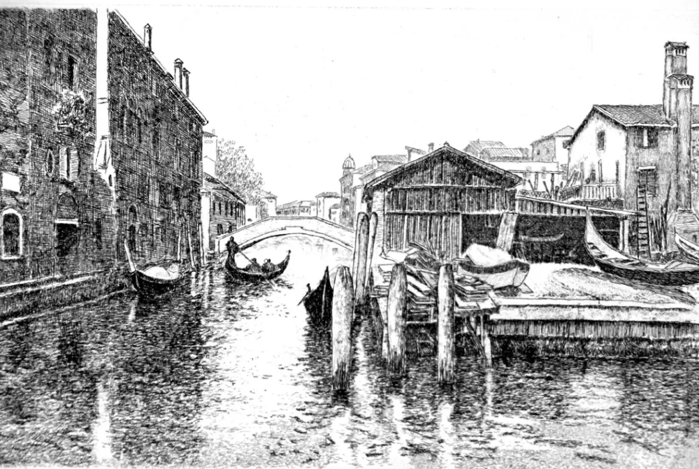 Radierung Cotugno  - Venezia, squero di San Trovaso