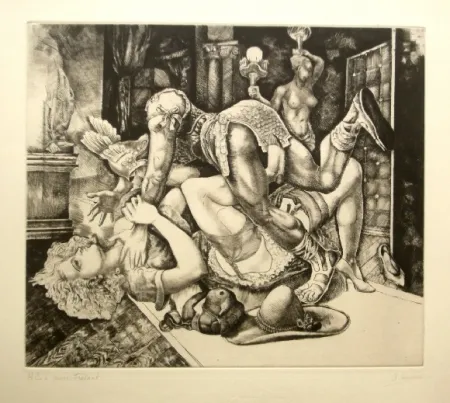 Radierung Courmes - Dame journaliste bousculée par un personnage comique