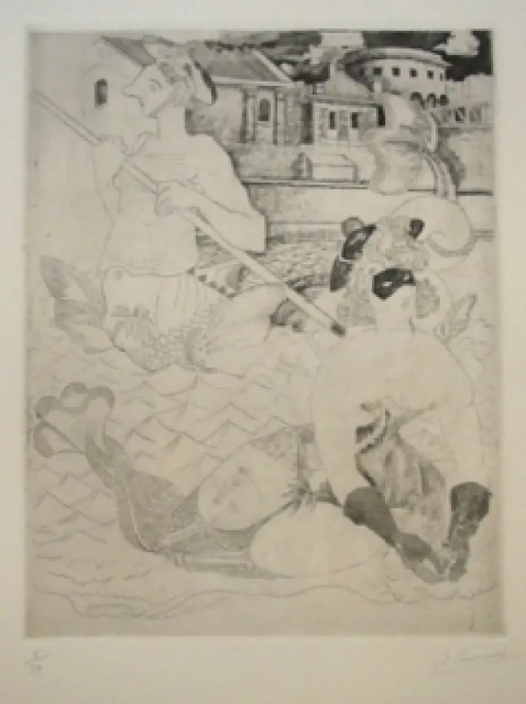 Radierung Courmes - La Belle et le triton