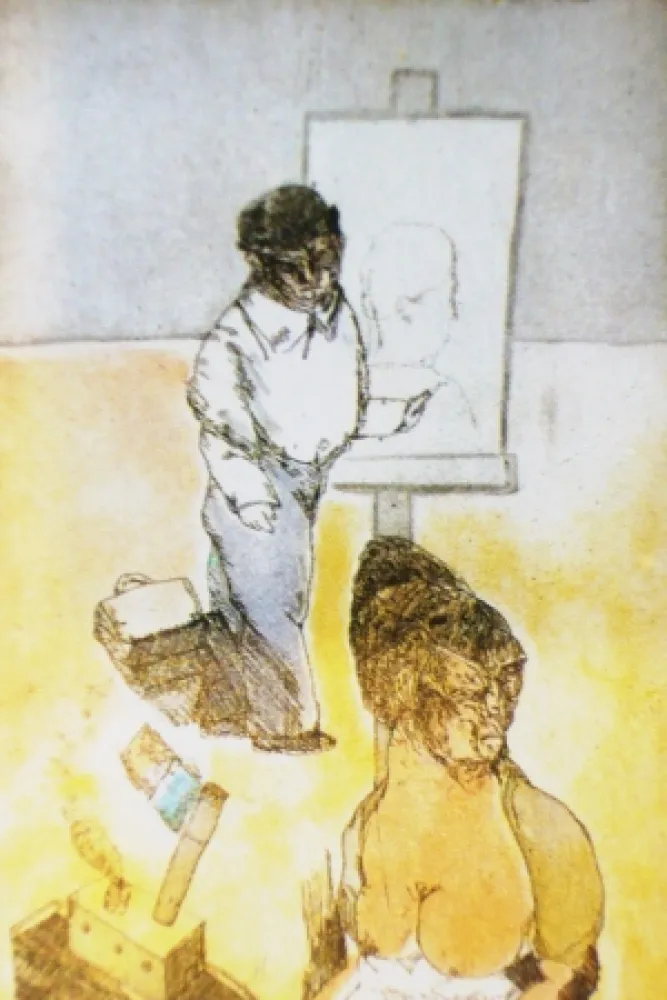 Radierung Und Aquatinta Cuevas - Autorretrato en la Barceloneta