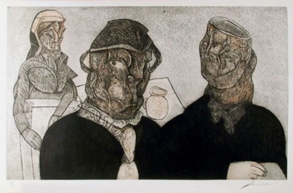 Radierung Und Aquatinta Cuevas - Juan Valle Alvarado Confesar para Maria Burga from the Intolerance Portfolio