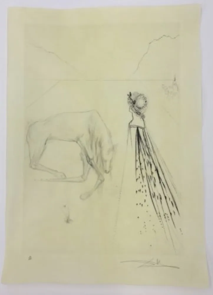 Radierung Dali - Alexandre le regarde avec des yeux courrouces et le chevel s' agenouilla