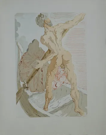 Holzschnitt Dali - Divine Comédie, Enfer 3, Charon et le passage de l'Achéron
