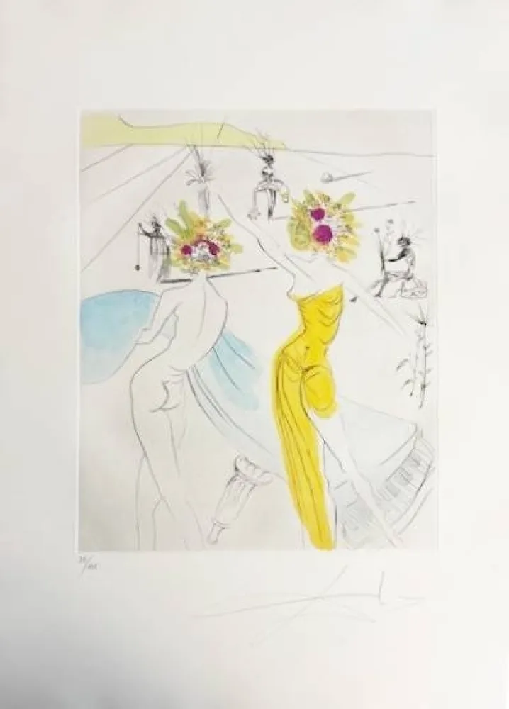 Kaltnadelradierung Dali - Femme-fleurs au piano (Flower-women at the Piano)